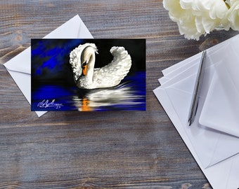 SWAN GREETING CARD For All Occasions, Swan Lover Card, White Swan On Water, Bird Lovers Notecard, Romantic Wildlife Art Card, Peaceful Art ,