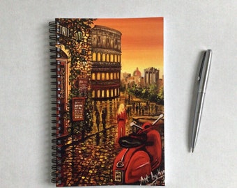 ROME NOTEBOOK, A5 Lined Notepad, Colosseum Art, Romantic Travel Jotter, Gift For Her, Eternal City Journal, Italy Lover Gift, Red Vespa Pad