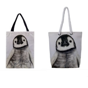 CUTE PENGUIN TOTE, Penguin Lover Gift, Baby Animal Art, Sea life Grocery Eco Bag, Canvas Wildlife Market Sack, Reusable Washable Nursery Bag