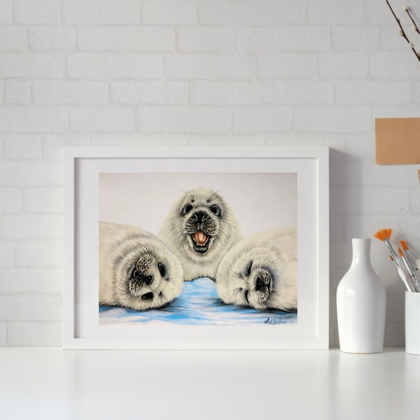 BABY SEALS ORIGINAL Drawing, Art For Animal Lover, Kids Bedroom Decor, Seal Pups Illustration, Cute Nursery Poster, Funny Wildlife, Sea Life