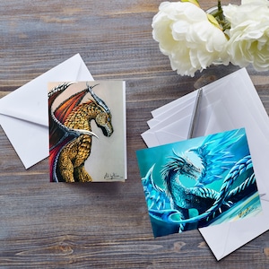 DRAGON ART CARD, kindvriendelijke Keltische draak, illustratie blauwe ijsdraak, fantastisch beest, mythologisch legendarisch wezen, vuur en ijs