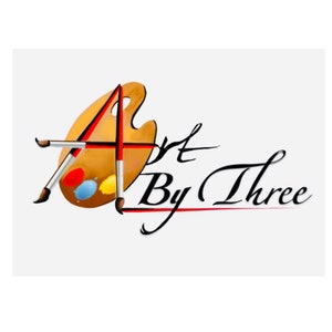 May include: Logo for "Art By Three" featuring a brown artist's palette with red, blue, and yellow paint splotches. The letter "A" is formed by two paintbrushes. The text "Art By Three" is written in a cursive font.