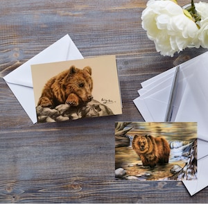 CARTE OURS BRUN, pêche au grizzly, ours des montagnes endormi, paysage animalier, amoureux des oursons, carte toutes occasions pour papa, pour homme