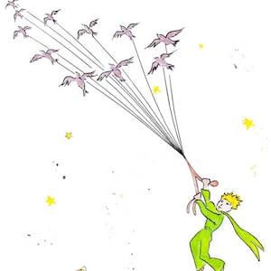Le Petit Prince et les Oiseaux. The Little Prince and birds. Quand tu regarderas le ciel, la nuit, In one of those stars I shall be living. image 1