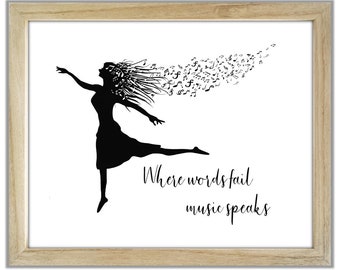 Music Quote. Where Words Fail Music Speaks. Illustrated Music Quote. Girl or Boy Dancing. Music Notes with Music Quote