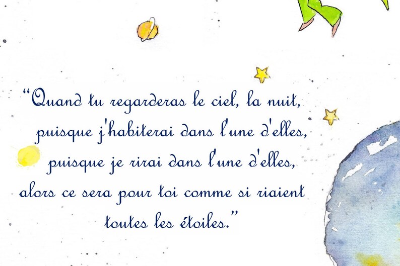 Le Petit Prince et les Oiseaux. The Little Prince and birds. Quand tu regarderas le ciel, la nuit, In one of those stars I shall be living. image 8