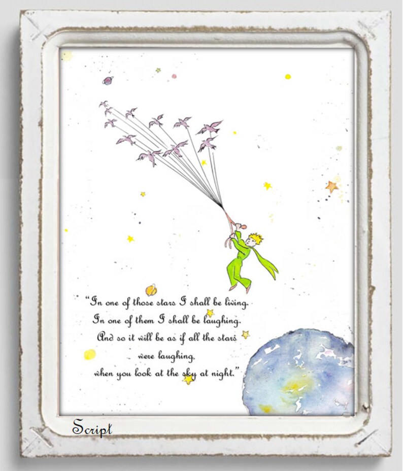 Le Petit Prince et les Oiseaux. The Little Prince and birds. Quand tu regarderas le ciel, la nuit, In one of those stars I shall be living. English Script