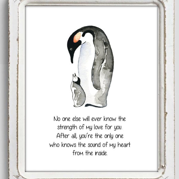 Pinguin Mutter und Kind. Niemand sonst wird jemals die Stärke meiner Liebe zu dir erfahren. Pinguin und 1, 2 oder 3 Babys mit liebevollem Spruch