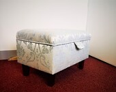 One Off Storage Stool, Ottoman, Footstool in a Woburn Medallion Blue Fabric and Dark Hardwood Legs