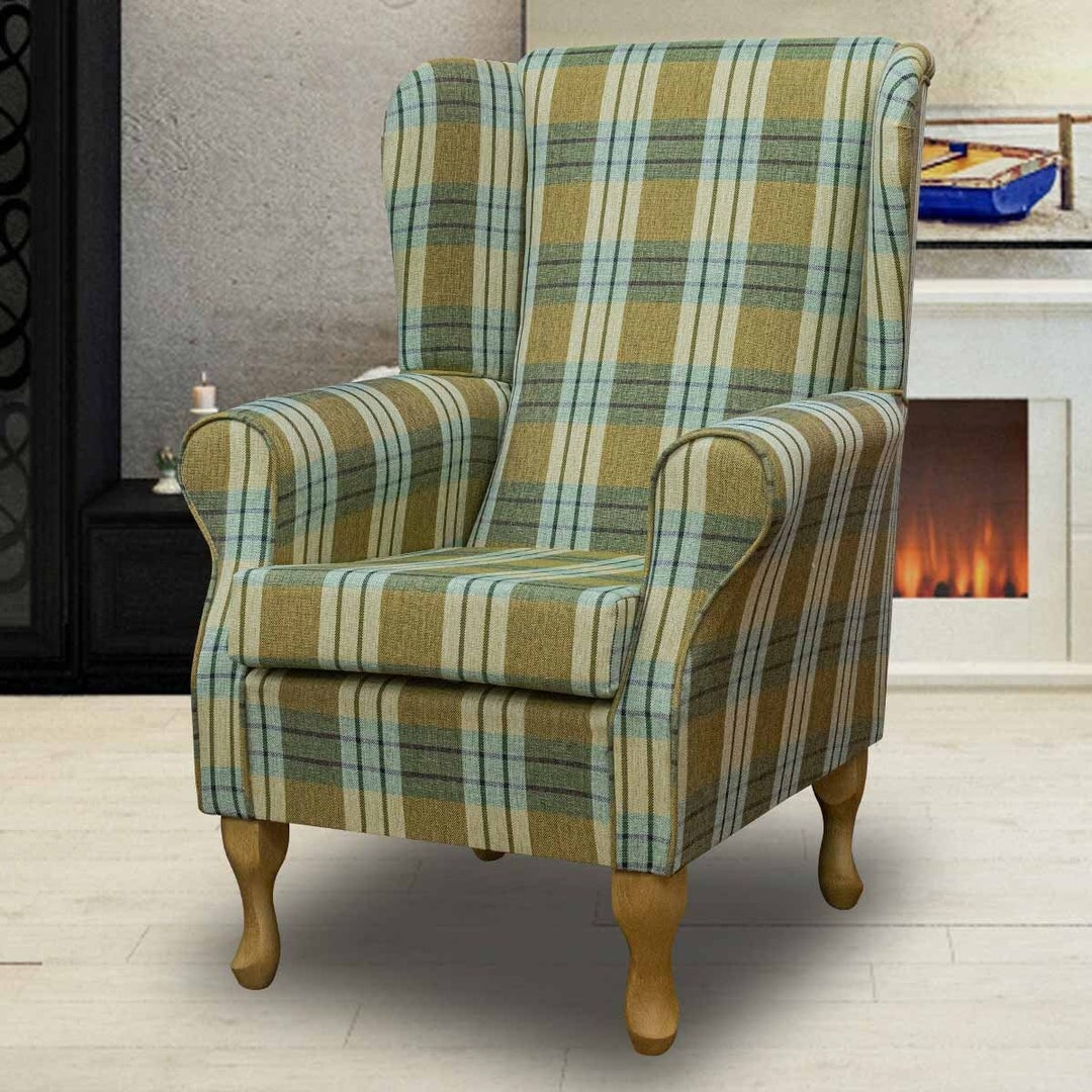 Yellow Tartan Handmade Wingback Armchair Fireside Accent Etsy UK