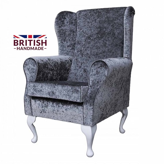 Steel Crushed Velvet Wingback Armchair British Handmade