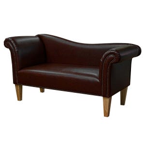 May include: A brown leather loveseat with a curved back and rolled arms. The sofa has light-coloured wooden legs and decorative stitching along the edges. The design is classic and elegant.