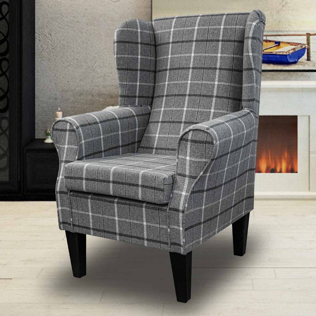 Check Chair Handmade Grey Check Wingback Armchair: Fireside Plaid Accent Chair - Etsy