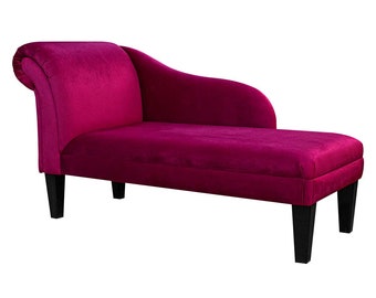 May include: A fuchsia pink chaise lounge with a curved back and black wooden legs.