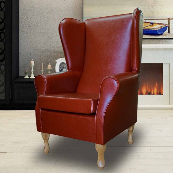 Tan Faux Leather High Back Armchair Fireside Accent Etsy UK