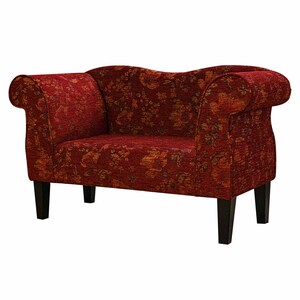 May include: A red and gold patterned fabric chaise lounge with a curved back and wooden legs.