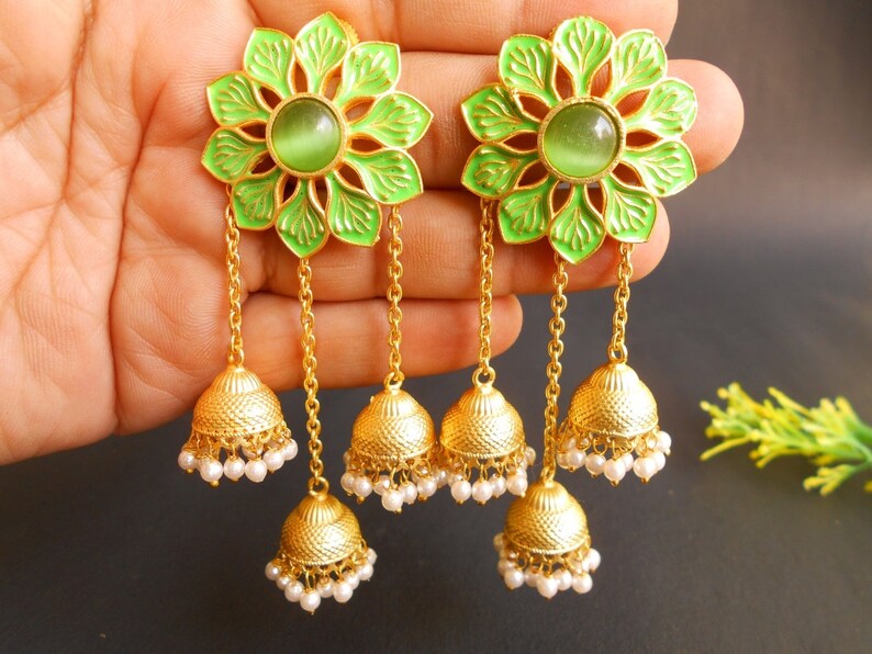 Handmade Matte Golden Finish Green Meena Enamel White Beads Floral Stone Jhumki Earring 1807/_6973