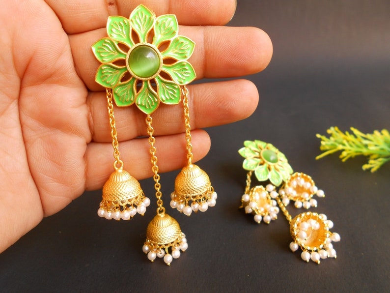 Handmade Matte Golden Finish Green Meena Enamel White Beads Floral Stone Jhumki Earring 1807/_6973
