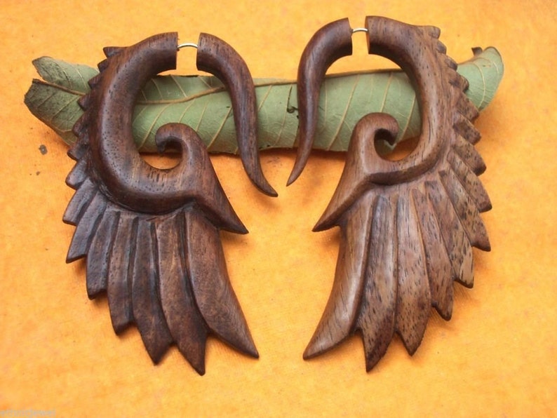 Tibetan Antique Art Brown Wooden Handcrafted Tribal Wings Design B I G Fake Guage Wood Earring WER001