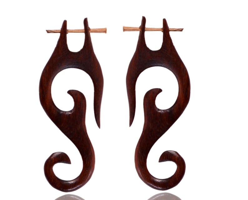 Handmade Wooden Vidl Tribal Design LONG Brown Wood Stick Earring Jewel WER042