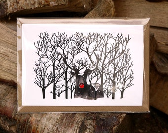 Rudolf Christmas Card - Xmas - Festive Card - Holidays - Holiday Card - Classy - Christmas Cards - Beautiful Design - Forest - Hygge - Santa