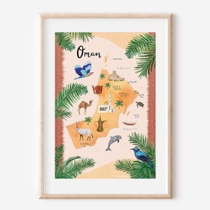 Impression Oman | illustrée de la carte d'Oman | Noël | Illustration d'Oman | Impression Mascate | Art du Moyen-Orient | Carte de voyage artistique | Art arabe, Art omanais