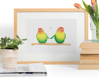 Lovebirds Art Print - Anniversary Gift - Engagement Gift - Valentines Day Gift - Wall Decor - Romantic Gift for Girlfriend - Love Heart