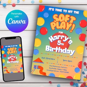 以下が含まれることがあります： ソフトプレイエリアでの5歳の誕生日パーティーのカラフルな招待状。招待状には、滑り台とボールプールのある遊び場の漫画のイラストが描かれています。招待状のテキストは次のとおりです。「It's time to hit the soft play! For Harry's 5th Birthday. Sat 22nd Nov 1pm-3pm The Playhouse, Funtown Southside, Happy Valley revp@gmail.com 01234567891」