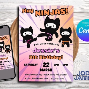 Editable Personalised Ninja Warrior Birthday Party Invitation template, cute Ninja party phone invitation template - instant download