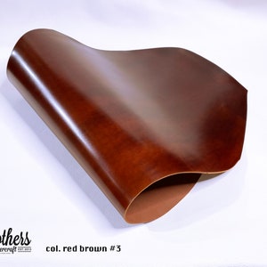 May include: A close-up of a piece of red-brown leather. The leather is folded in half and has a smooth, glossy finish. The text "col. red brown #3" is printed below the leather.