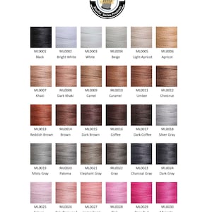 May include: A colour chart of 30 different colours of waxed thread. The thread is arranged in rows of six colours each. The colours include black, white, beige, light apricot, khaki, dark khaki, camel, caramel, umber, chestnut, reddish brown, brown, dark brown, coffee, dark coffee, silver grey, misty grey, paloma, elephant grey, grey, charcoal grey, dark grey, sakura, pale dogwood, living coral, pink, rose red, and magenta.