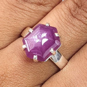 Ruby Gemstone Silver Ring: 4.99gms Natural Sheen Pink Plain Hexagon 925 Sterling Silver Prong Set Adjustable Unisex Ring