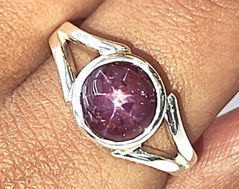 Star Ruby Gemstone Silver Ring: 7.18gms Natural Star Ruby Plain Round 925 Sterling Silver Bezel Set 8 US Ring | July Birthstone