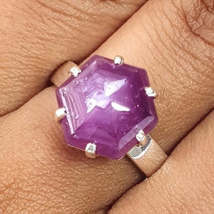 Ruby Gemstone Silver Ring: 5.47gms Natural Sheen Pink Plain Hexagon 925 Sterling Silver Prong Set Adjustable Unisex Ring