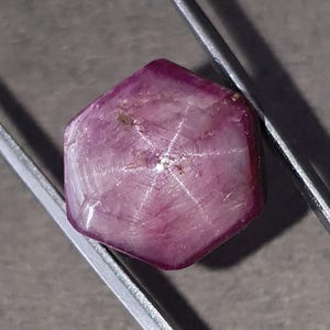 Könnte beinhalten: Ein sechseckiger, durchscheinender rosa Sternrubin-Edelstein, der von einer Metallpinzette gehalten wird. Der Stein weist ein ausgeprägtes, sechsstrahliges Sternmuster auf, das von der Mitte ausstrahlt, sowie sichtbare Einschlüsse.