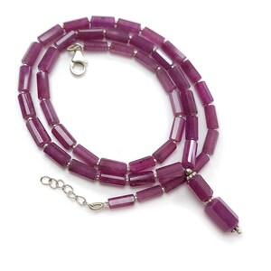 Ruby Gemstone Beads Necklace: 136.90cts 925 Sterling Silver Pink Ruby Faceted Pencil Necklace 9mm - 11mm 20.5"