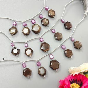 Losse edelsteen gouden saffier: natuurlijk onbehandeld framboosroze robijn facetgeslepen zeshoek 925 zilveren kralen 1 streng