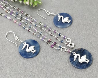 925 Sterling Silver Jewelry: Natural Untreated Blue Sapphire Gemstone 19" Beads Necklace Drop Dangle Earring Jewelry Set