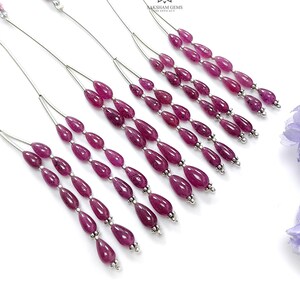 Cuentas sueltas en forma de lágrima de rubí púrpura: 17,30 ct de gema natural sin tratar, plata 925, 7 mm - 8 mm, 2", 1 hebra de cuentas lisas.