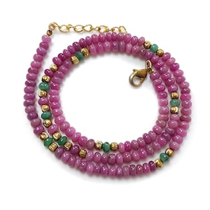 Ruby Zoisite Gemstone Beads Necklace: 96.80cts Natural Emerald Plain Rondelle Brass Necklace 4.5mm 18"