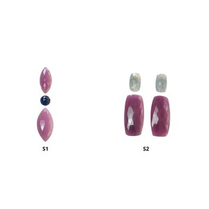 May include: A collection of faceted gemstones labelled S1 and S2. S1 features two pink marquise-cut stones and one small round dark blue stone. S2 consists of two pairs, each with a rectangular pink stone and a smaller light blue square stone.