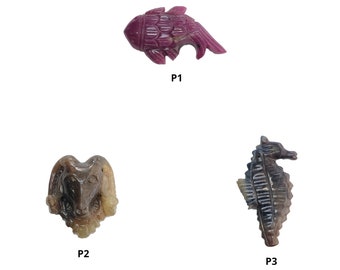 Ruby & Multi Sapphire Gemstone Carving : Natural Untreated Unheated Hand Carved Fish Ram Head And Sea Horse Sculpture