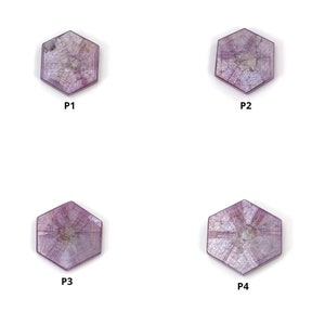 May include: Four hexagonal pink gemstones labelled P1, P2, P3, and P4. Each stone features a distinct star-like pattern radiating from the centre with visible internal inclusions and a translucent, polished surface with varying shades of pink.