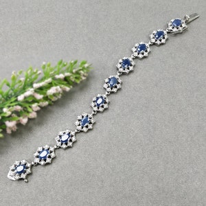 Blue Sapphire Silver Bracelet: Natural Untreated Sapphire 925 Sterling Silver with Cz Prong Set Oval Faceted Tennis Bracelet 7&quot;