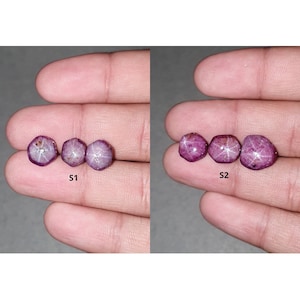May include: Three pink star ruby cabochons with a six-pointed star pattern. The stones are arranged in a row, labeled "S1" and "S2".