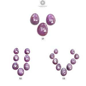 Könnte beinhalten: Drei rosafarbene facettierte Edelsteine, beschriftet mit S1, und zwei Gruppen rosafarbener facettierter Edelsteine, beschriftet mit S2 und S3.