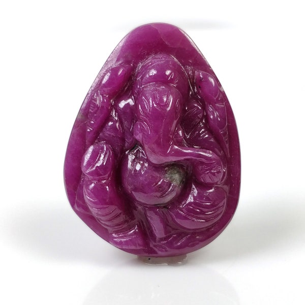 Red RUBY Gemstone Carving : 82.25cts Natural Untreated Ruby Hand Carved LORD GANESHA 31*24mm*14(h) (With Video)