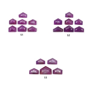 Puede incluir: Colección de gemas facetadas de color rojo púrpura, cada una tallada en una forma geométrica única que se asemeja a una casa. Las gemas están dispuestas en tres grupos separados, etiquetados S1, S2 y S3, sobre un fondo blanco.