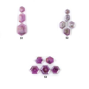 May include: A collection of faceted, hexagonal gemstones in varying sizes and shades of pink and purple. The gemstones are arranged in three separate groups labeled S1, S2, and S3, against a white background. The gemstones have a polished, reflective surface.