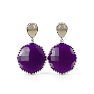 Purple Rhinestone Synthetic Gemstone Earring: 10.80gms 925 Sterling Silver Hexagon Push Back Bezel Set Statement Earring 1.85"